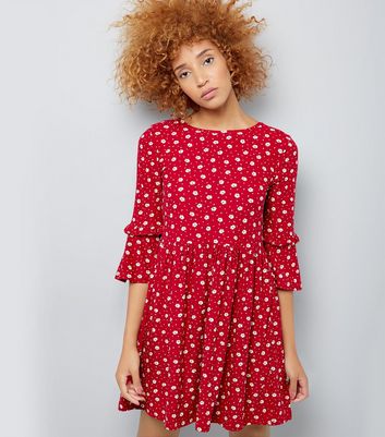 Red Floral Print Frill Sleeve Smock 