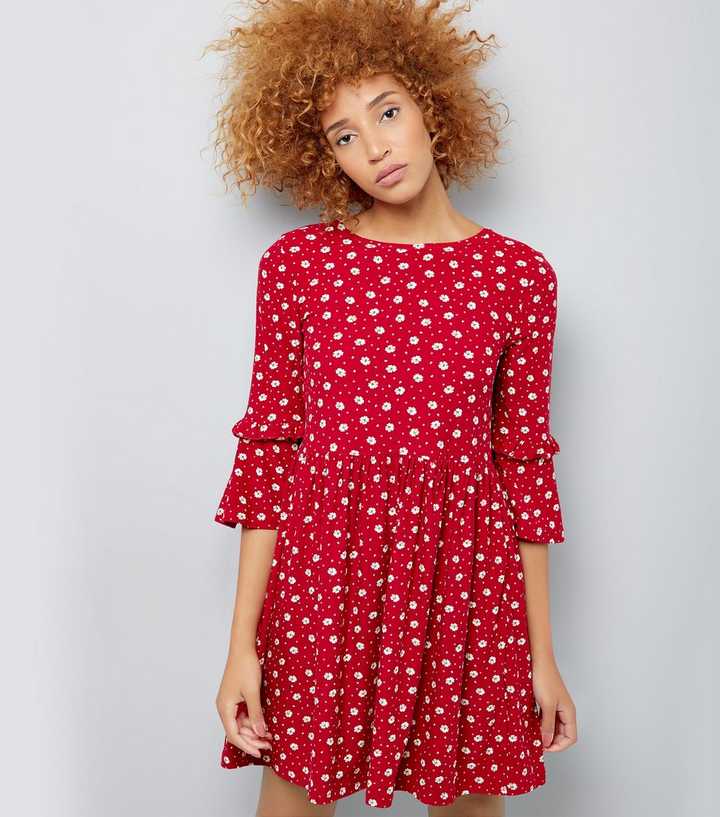 Red Floral Print Frill Sleeve Smock Dress