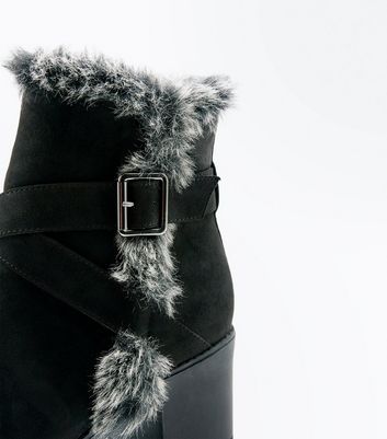 Black Faux Fur Trim Block Heel Boots 