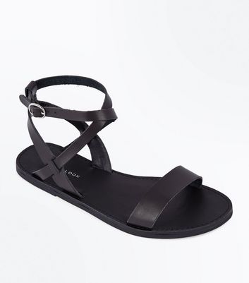 Black Ankle Cross Strap Sandals | New Look