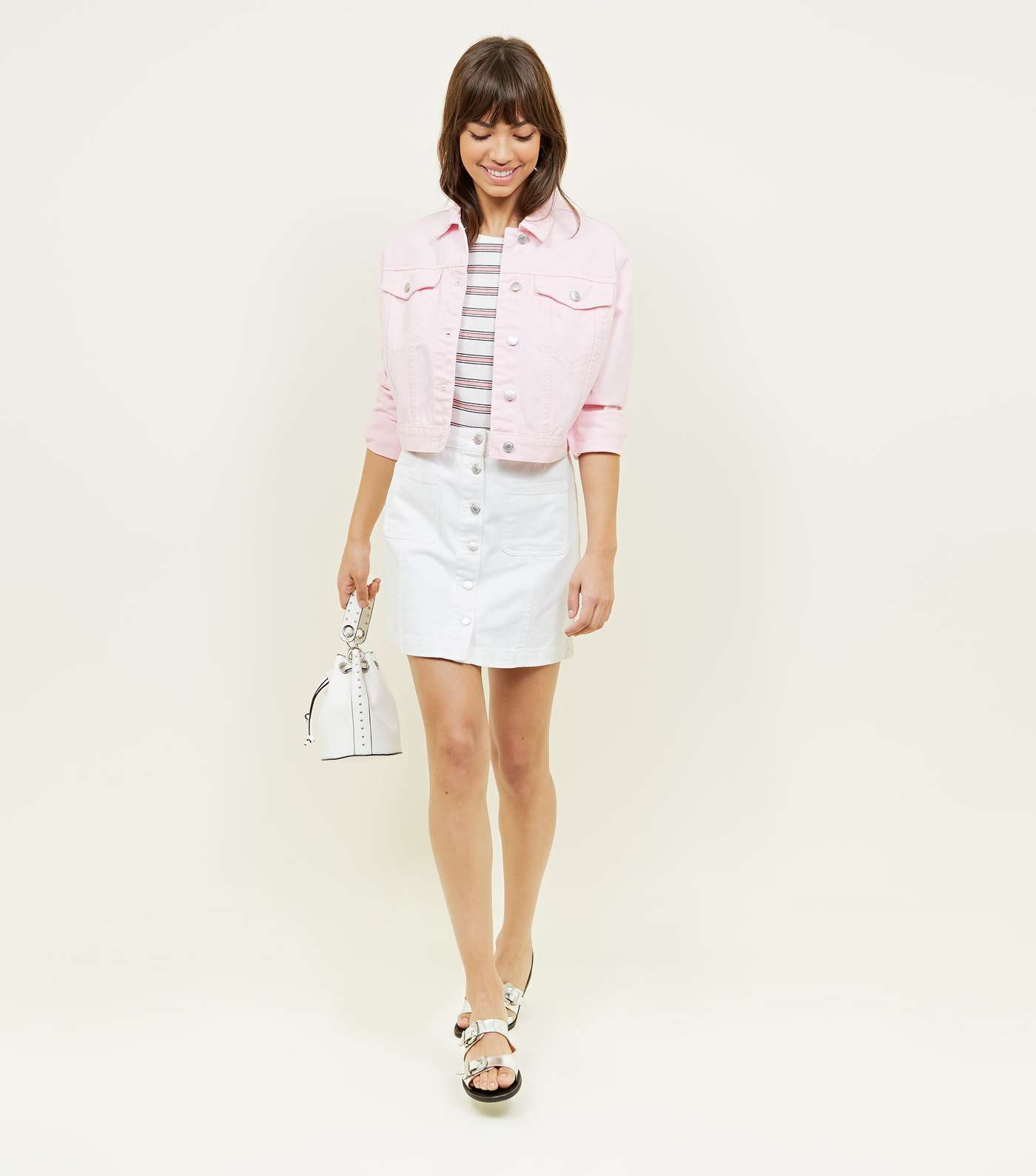 White Denim Button Front A-Line Skirt Image 2