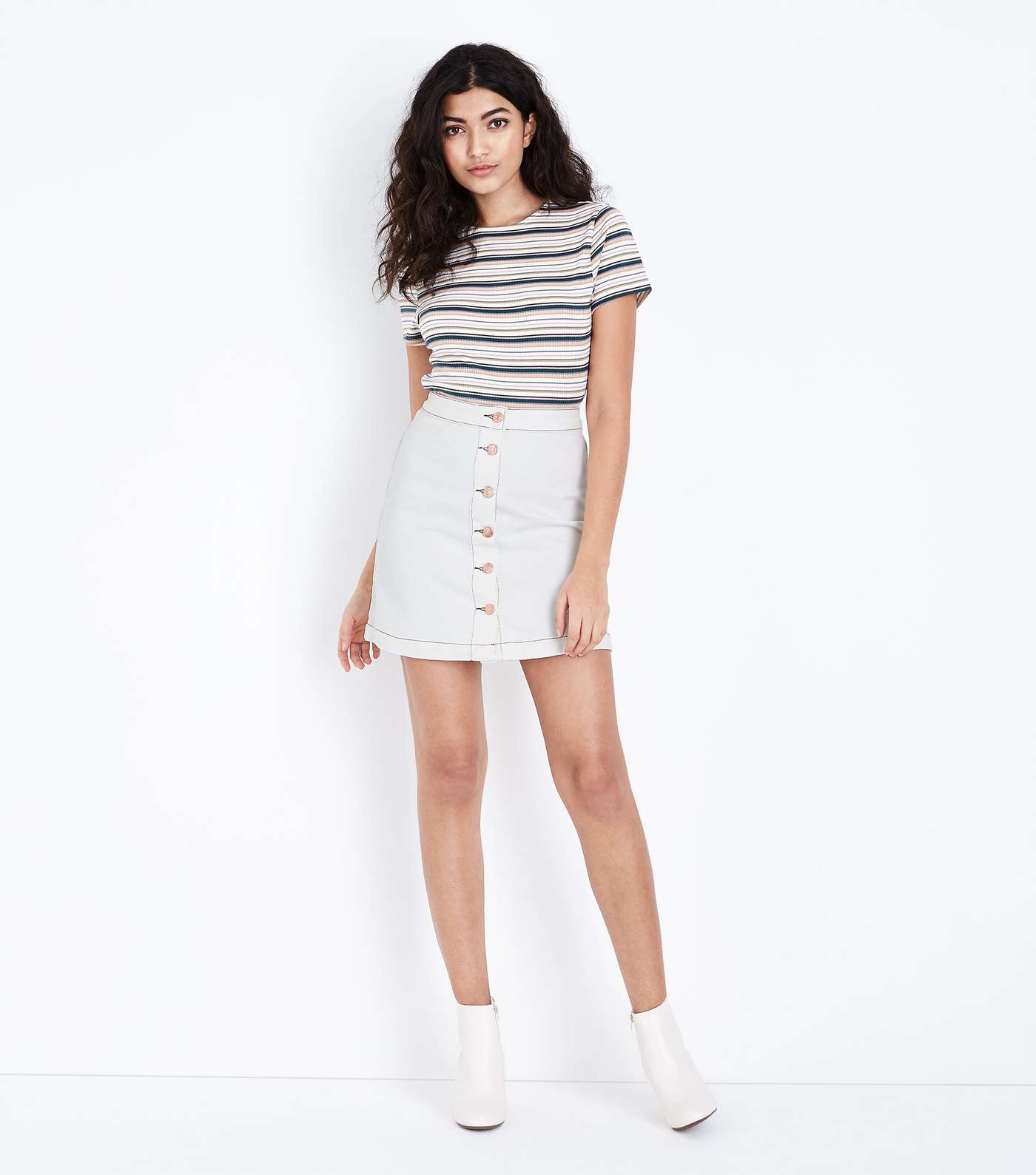 Off White Denim Button Front A-Line Skirt Image 2