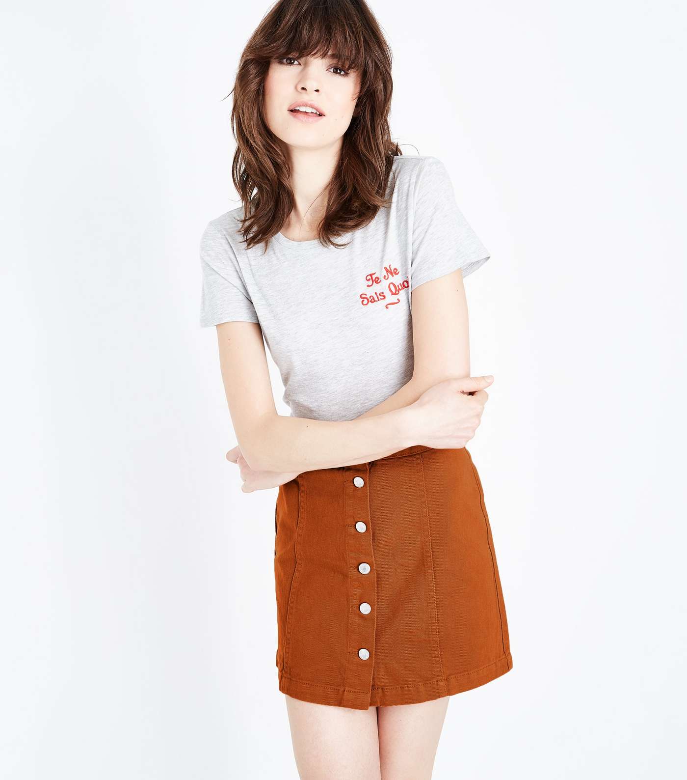 Rust Denim Button Front A-Line Skirt
