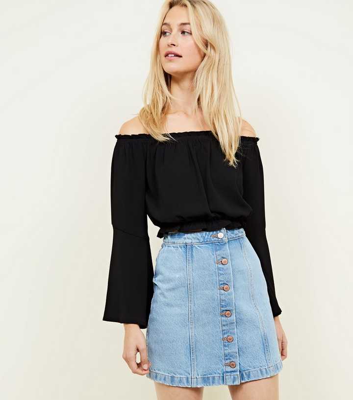 Bright Blue Denim Button Front A-Line Skirt