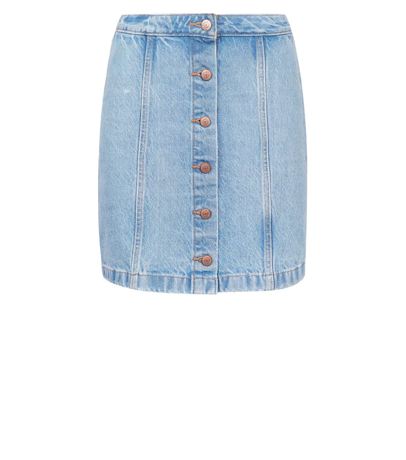 Bright Blue Denim Button Front A-Line Skirt Image 4