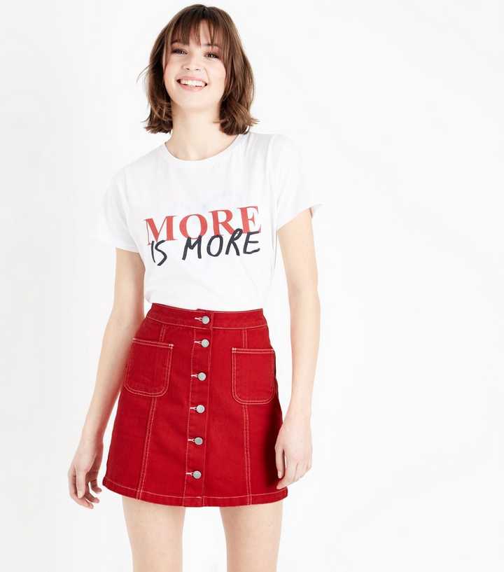 Red Denim Button Front A-Line Skirt