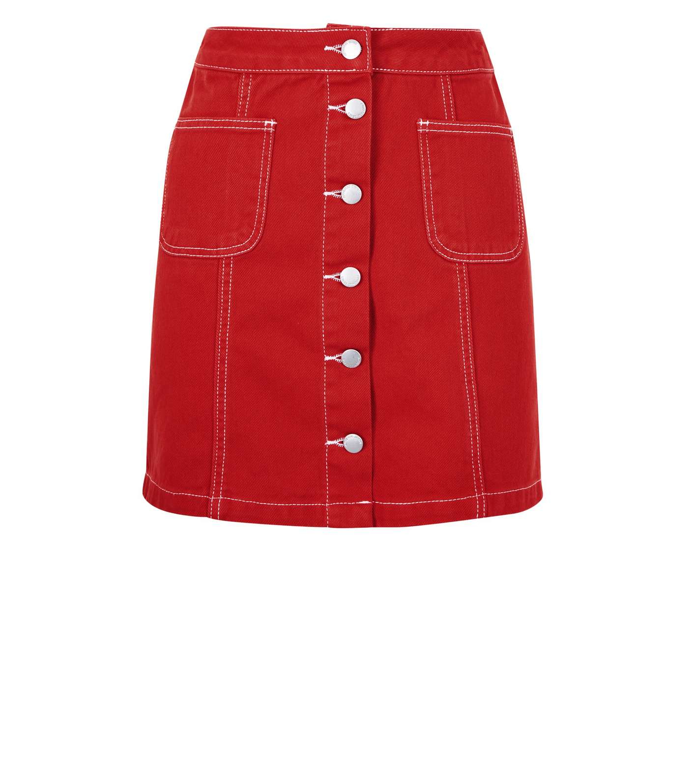 Red Denim Button Front A-Line Skirt Image 4