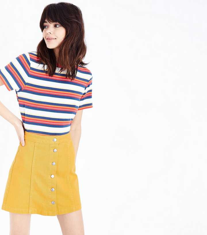Mustard Denim Button Front A-Line Skirt