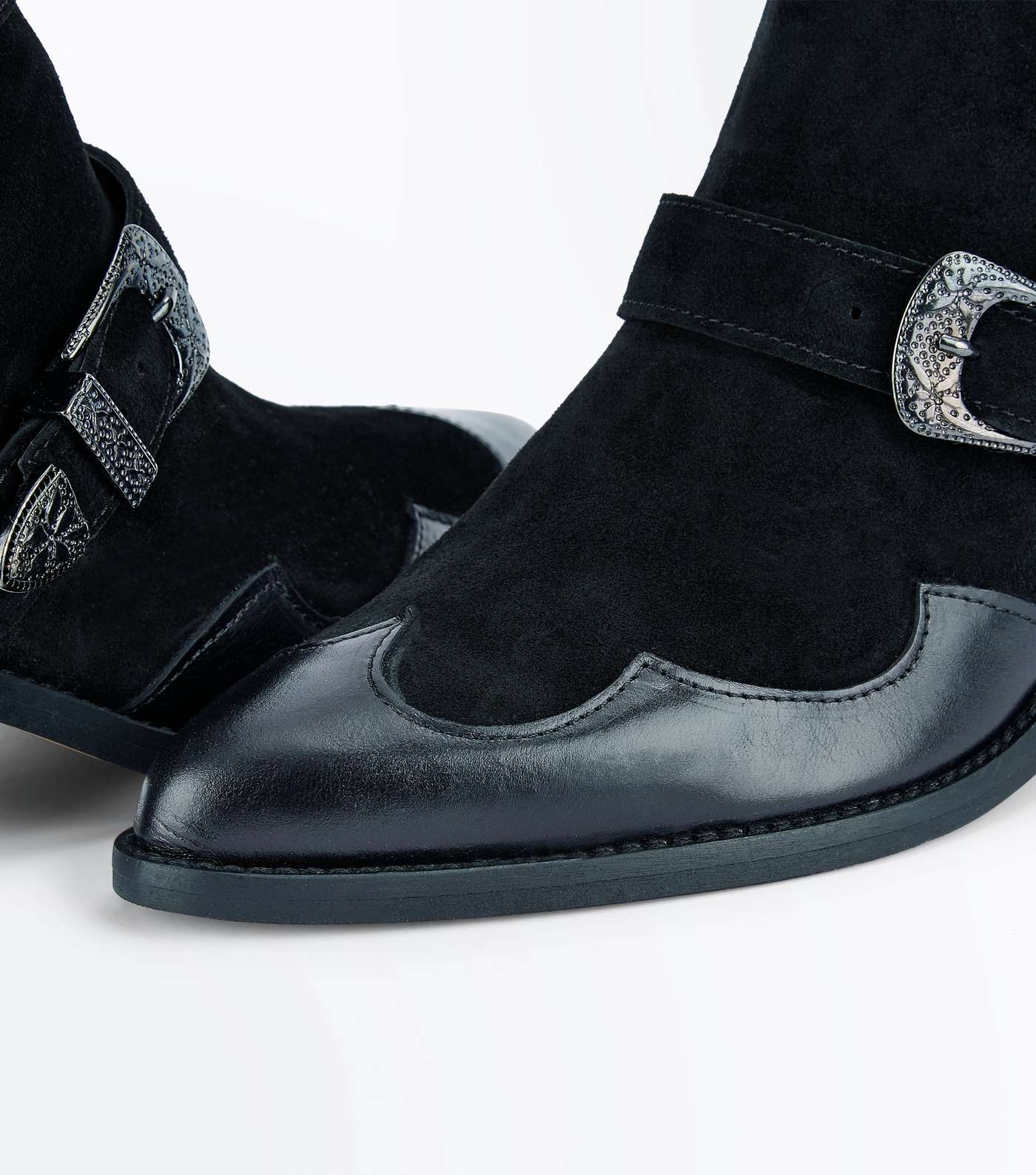 Black Premium Suede Double Buckle Western Boots Image 4