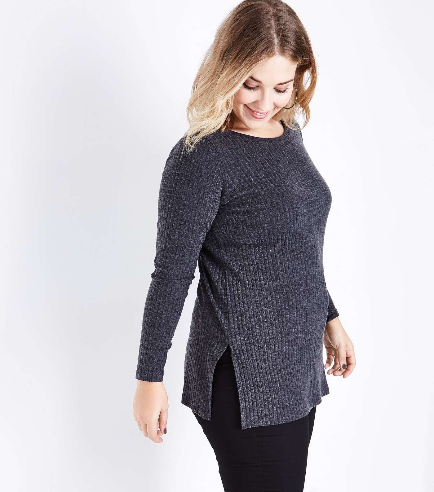 Curves Grey Ribbed Side Split Tunic Top