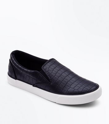 Black Faux Croc Slip On Trainers | New Look