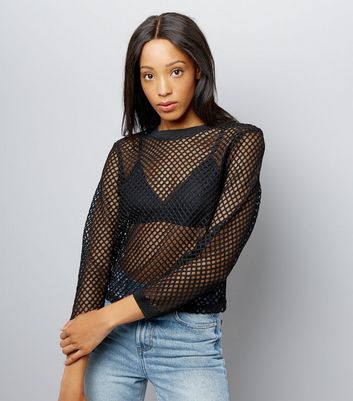 Black Long Sleeve Fishnet Top | New Look
