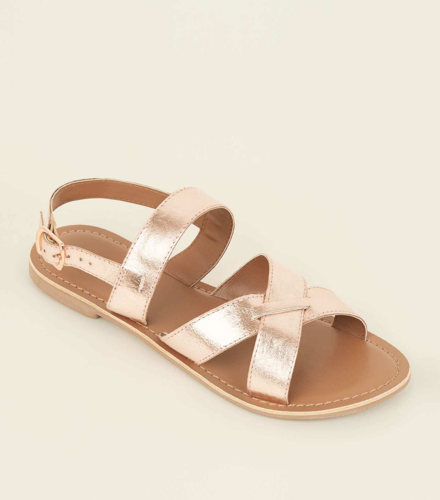 Rose Gold Leather Cross Strap Sandals