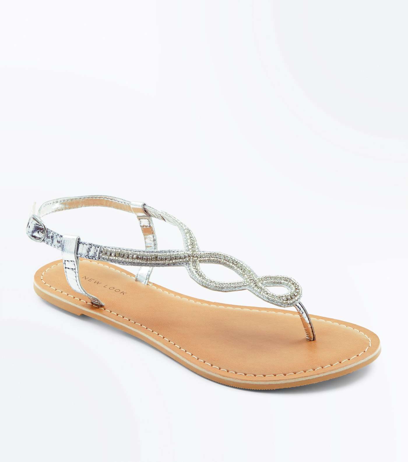 Silver Leather Bead Embellished Sandals