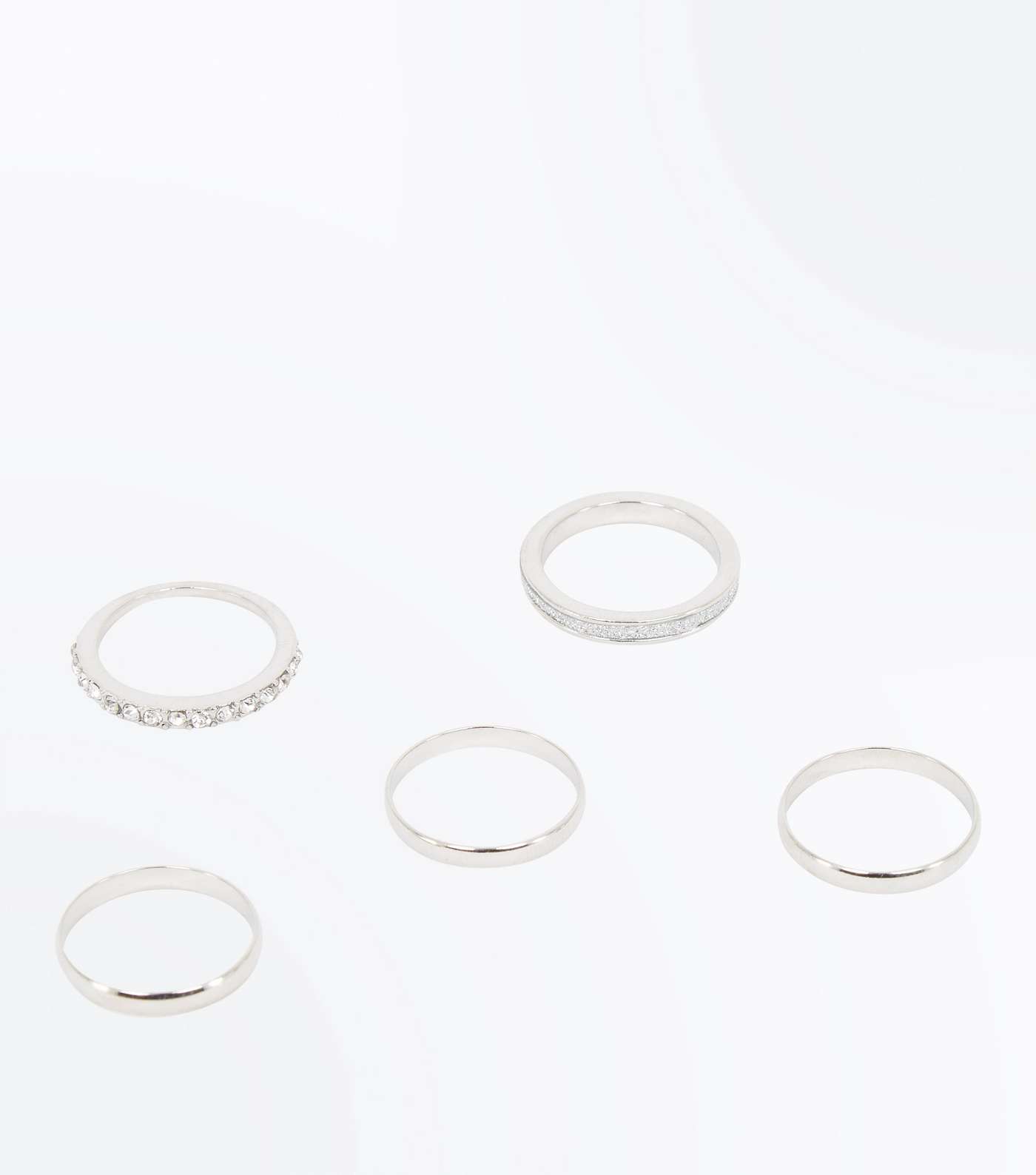 5 Pack Silver Embellished Glitter Rings