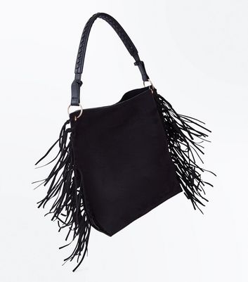 Black Suedette Fringe Side Hobo Bag New Look