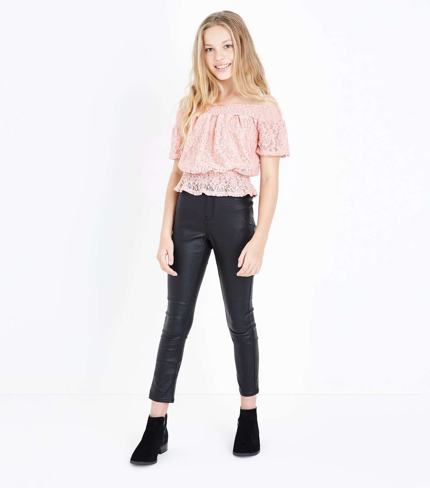 Teens Pink Lace Shirred Waist Bardot Top  Image 2