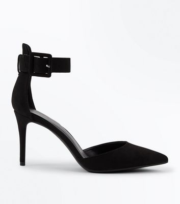 Black Suedette Wide Ankle Strap Pointed 