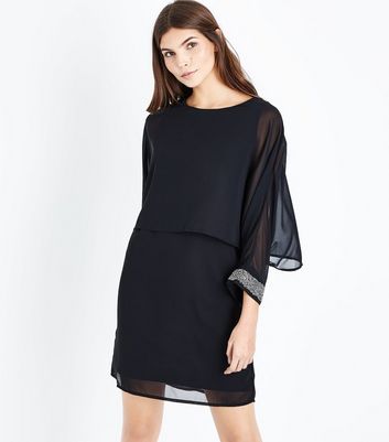 chiffon sleeve black shift dress