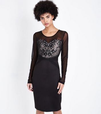 black floral embroidered mesh dress