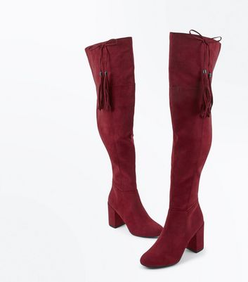maroon over the knee boots