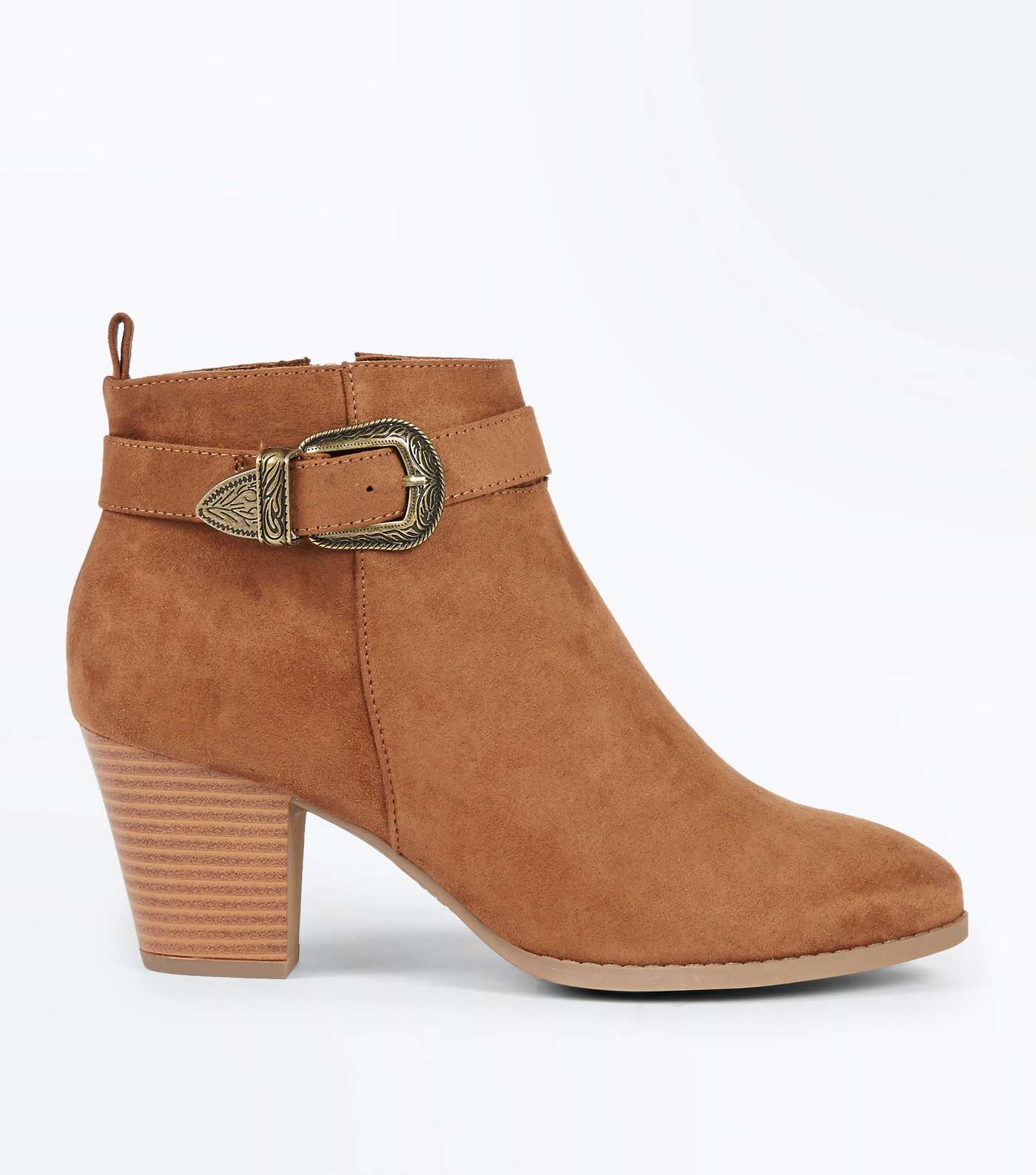 Tan Suedette Western Buckle Strap Heeled Boots