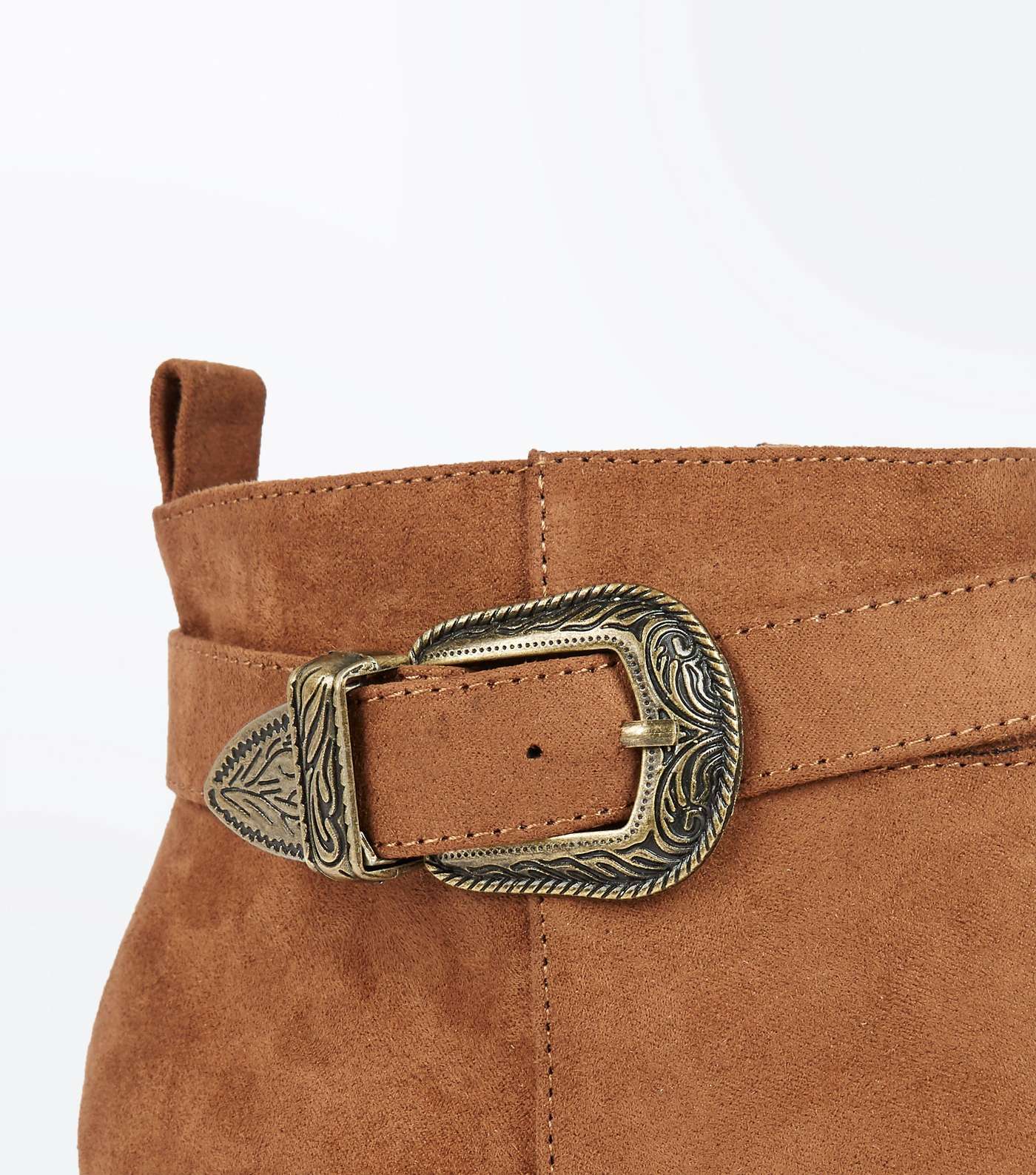 Tan Suedette Western Buckle Strap Heeled Boots Image 3