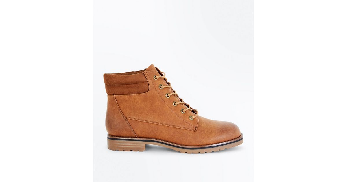 Tan Contrast Cuff Lace Up Hiker Boots | New Look