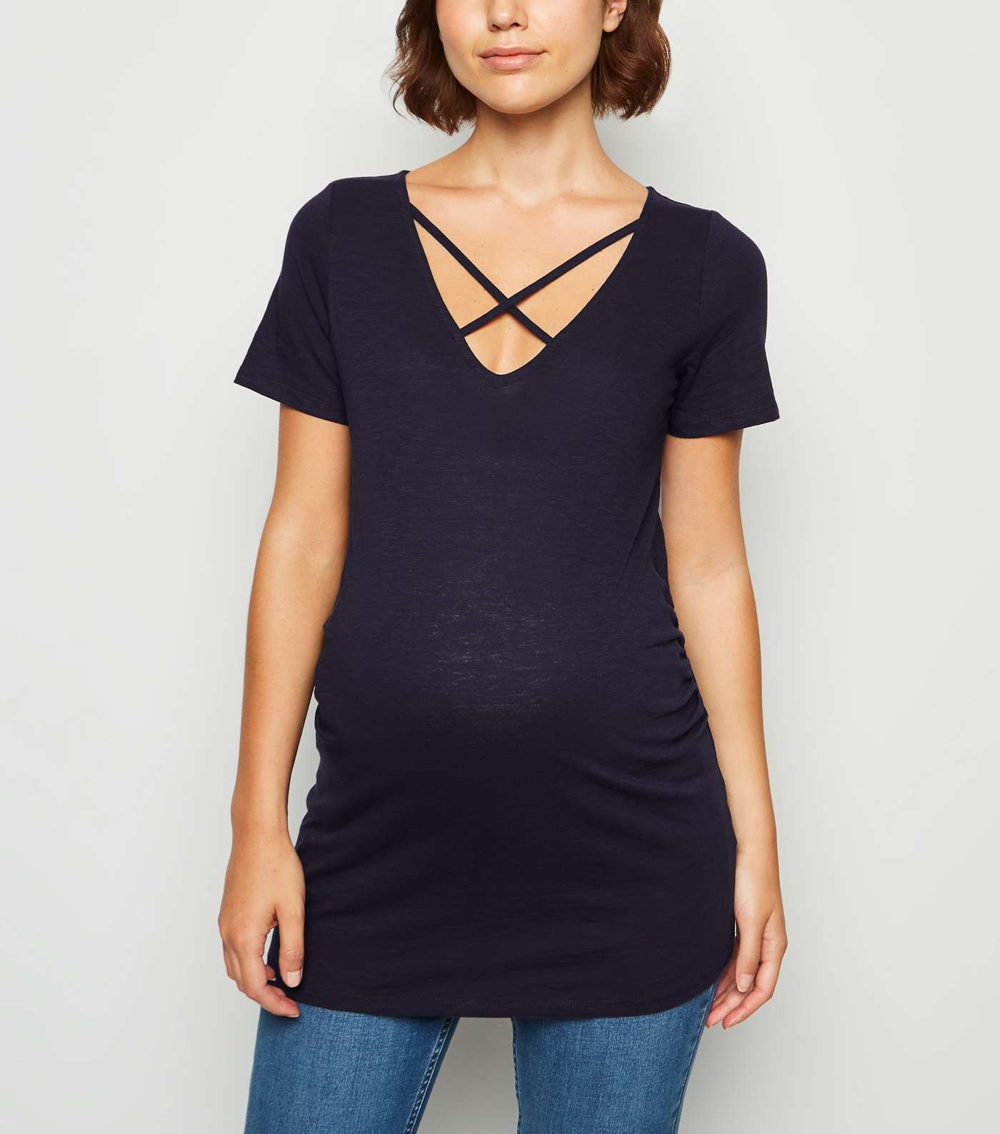 Maternity Navy Lattice Neck Short Sleeve T-Shirt