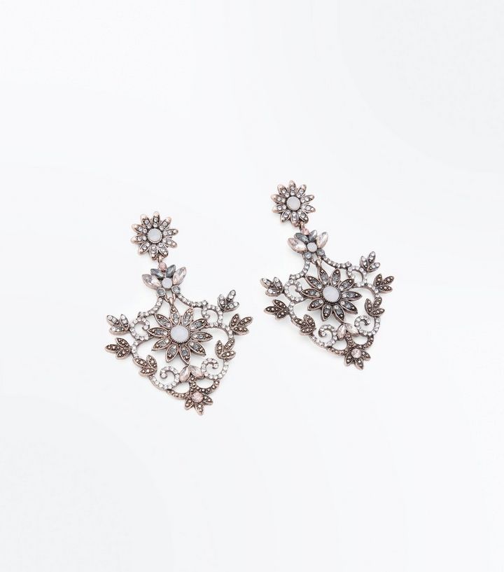 Pewter Diamante Flower Chandelier Earrings New Look The Look