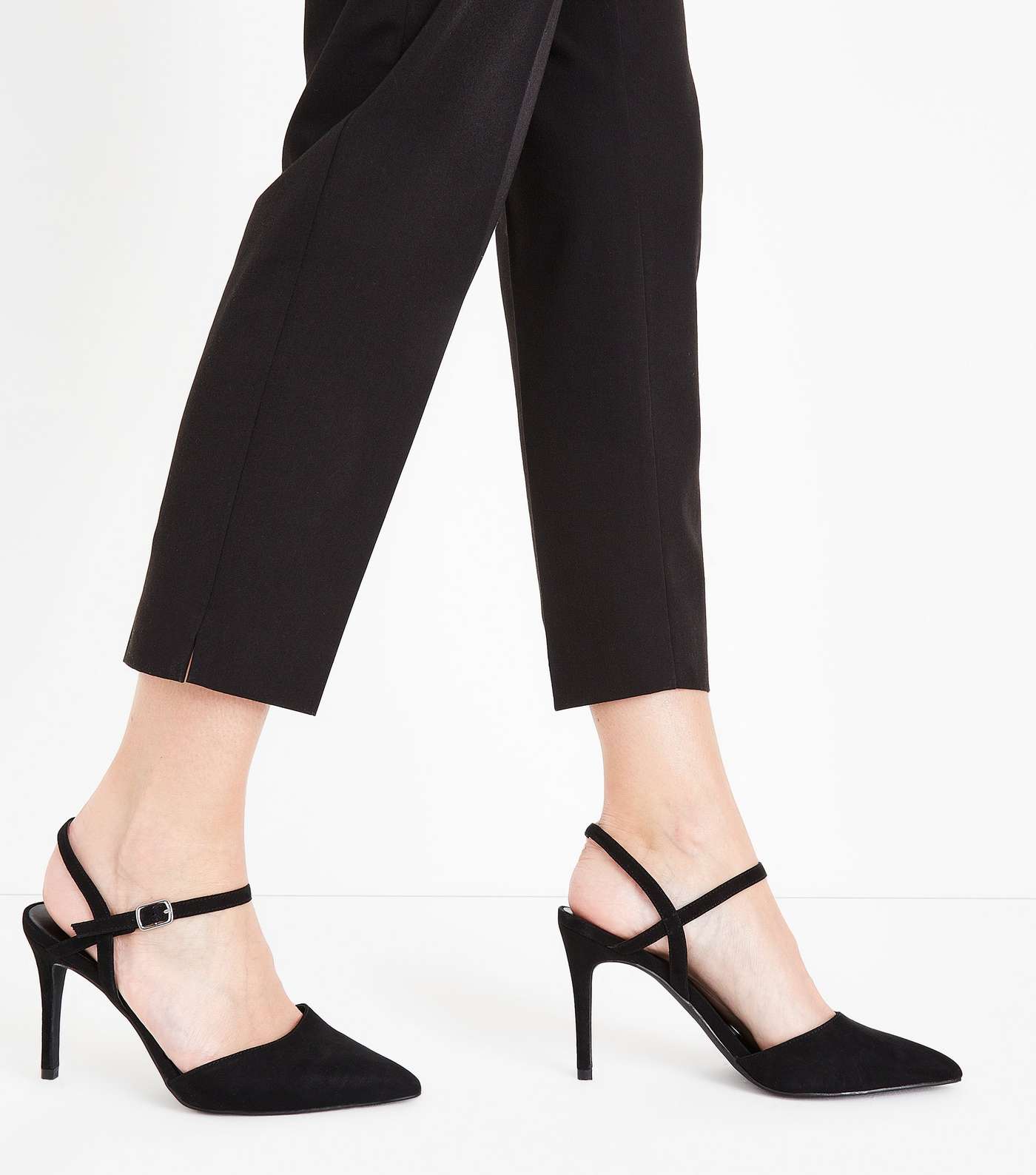 Black Suedette Ankle Strap Pointed Court Shoes Image 2