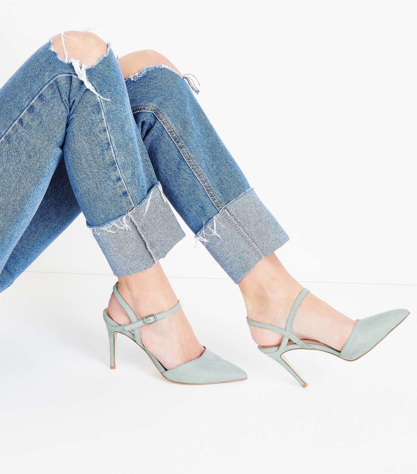 Mint Green Suedette Ankle Strap Pointed Court Shoes Image 2
