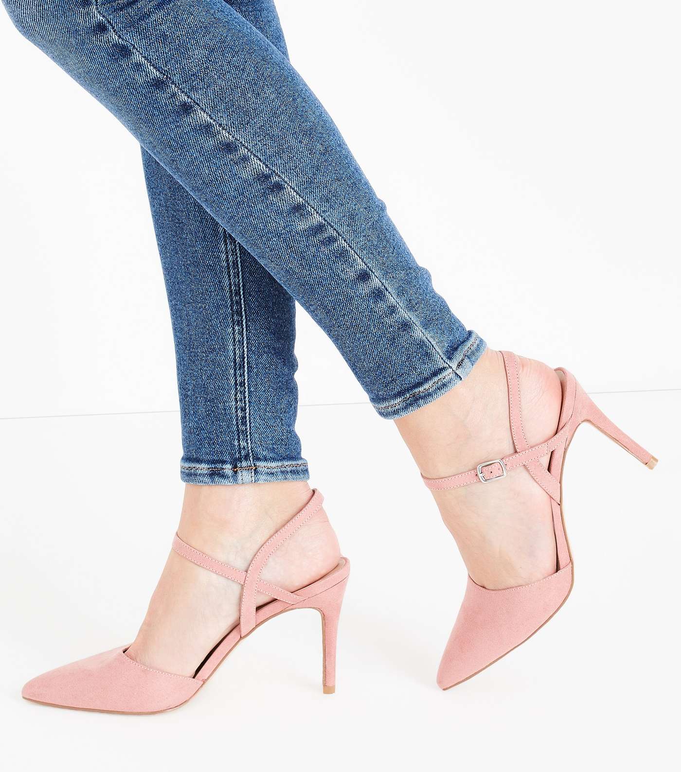Pale Pink Suedette Ankle Strap Pointed Court Shoes Image 2