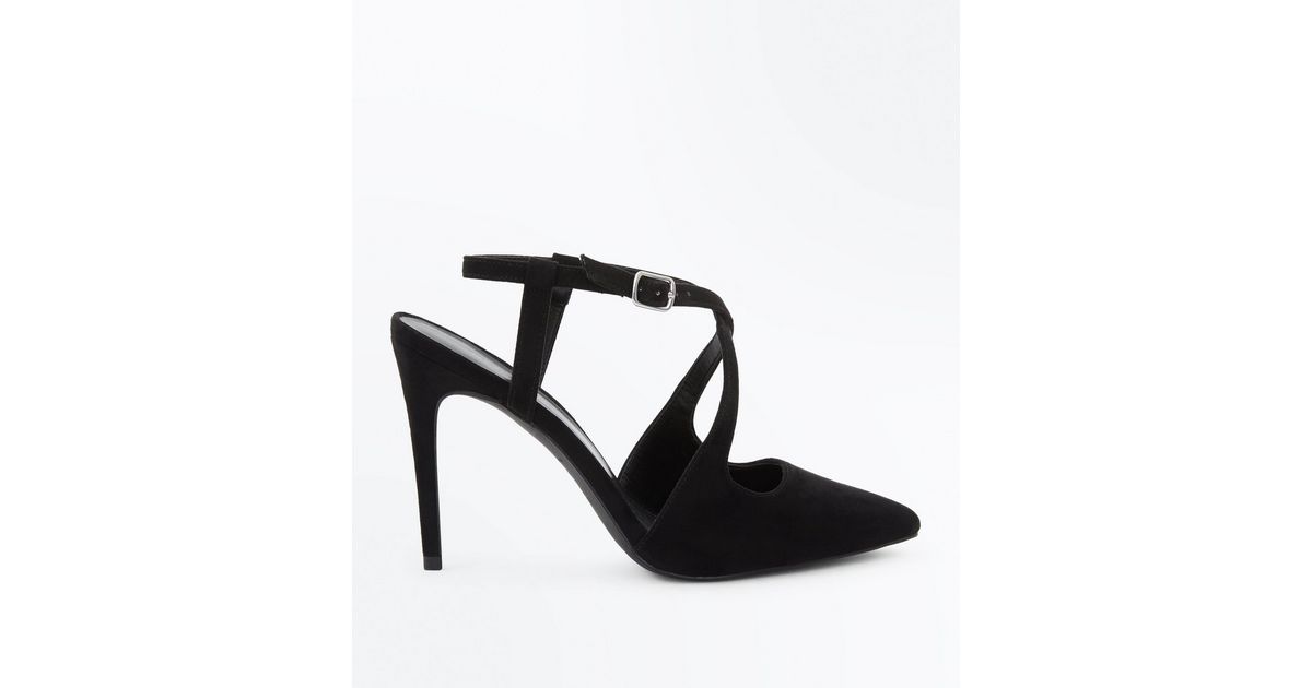 Black Suedette Cross Strap Pointed Heels | New Look