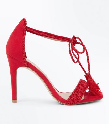 Red Suedette Tassel Ankle Tie Stiletto Sandals | New Look