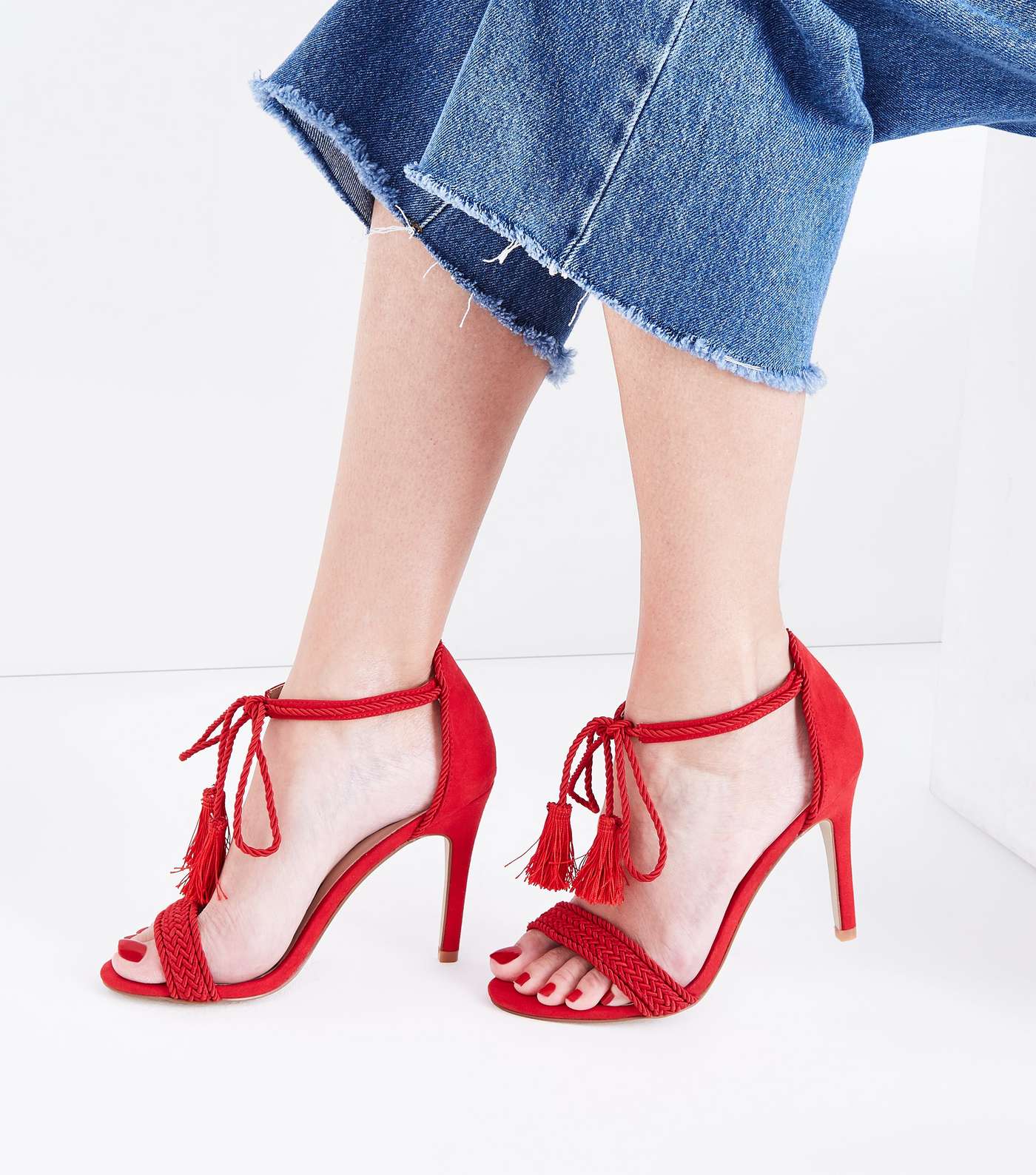 Red Suedette Tassel Ankle Tie Stiletto Sandals Image 2