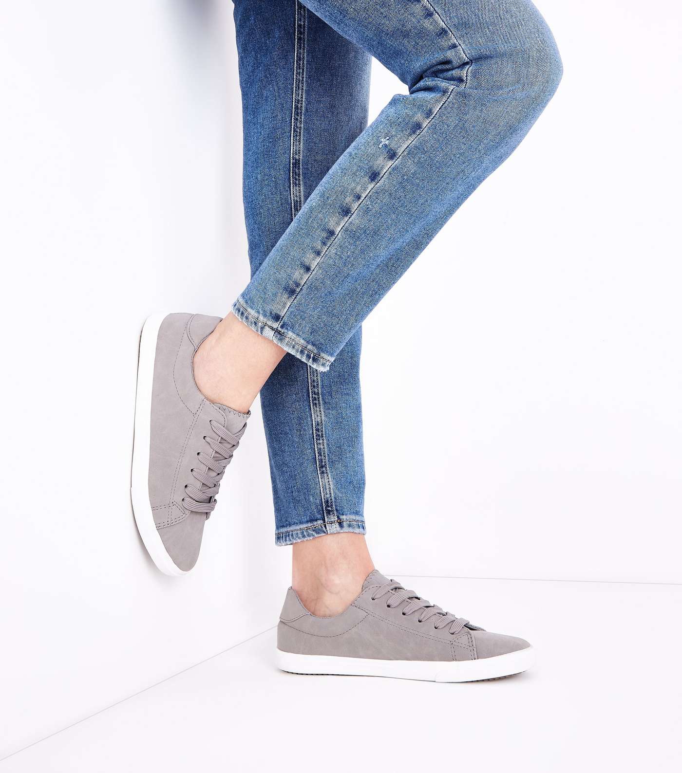 Grey Suedette Lace Up Trainers Image 2
