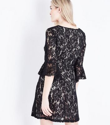 black lattice front flare sleeve lace sheath dress
