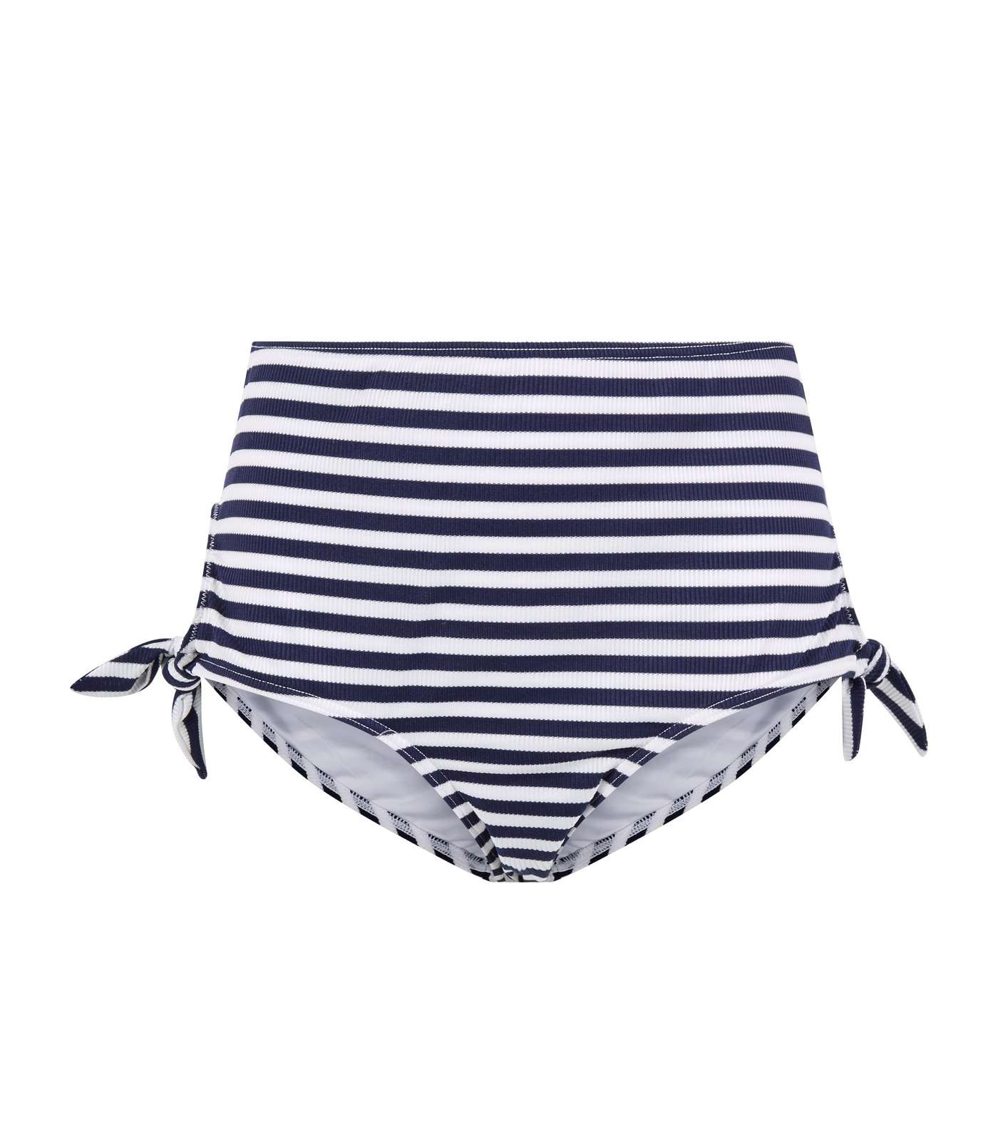 Blue Stripe Ribbed Tie High Waist Bikini Bottoms Image 3