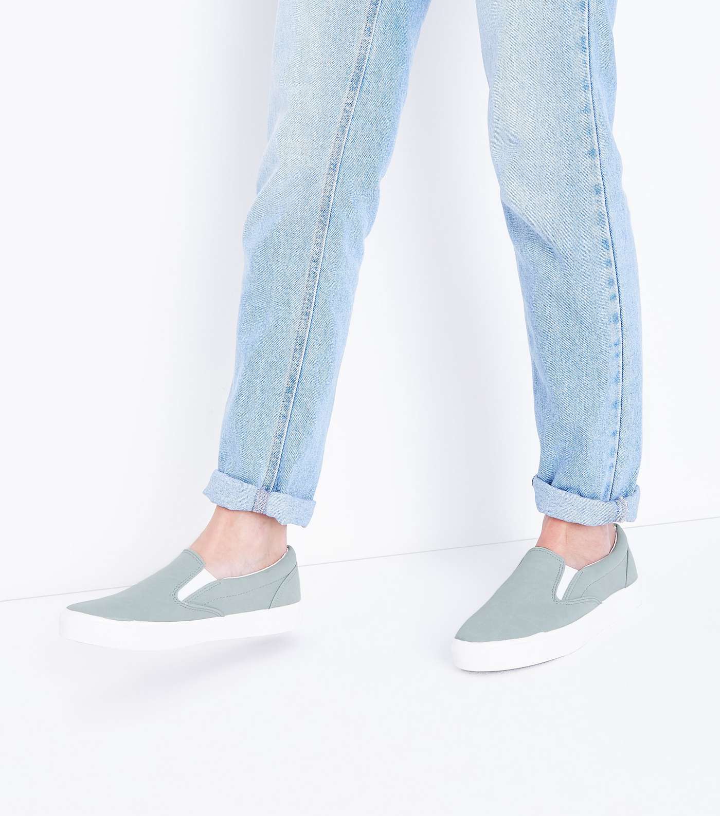Mint Green Suedette Slip On Trainers Image 2