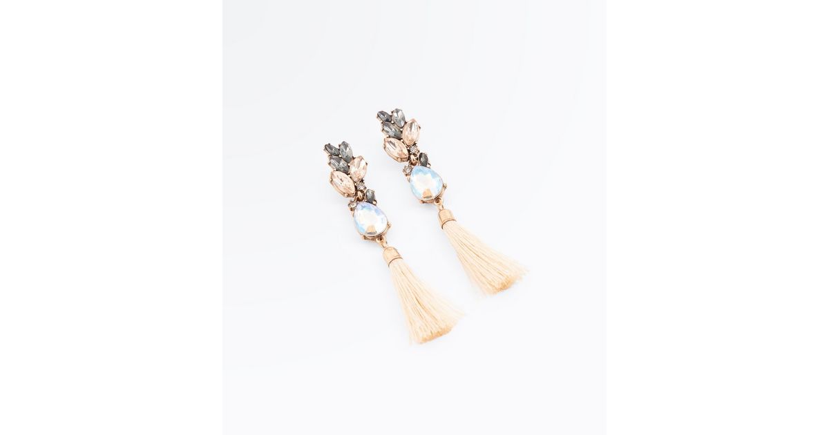 Gold Crystal Tassel Earrings New Look
