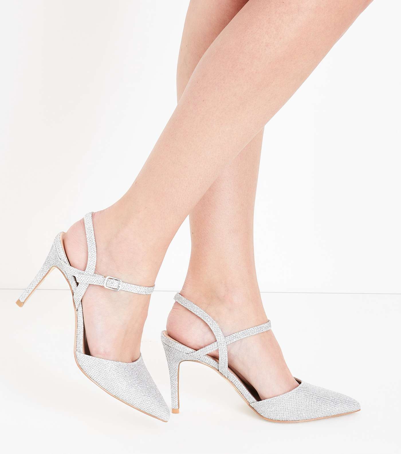 Silver Glitter Cross Strap Side Pointed Courts Image 2