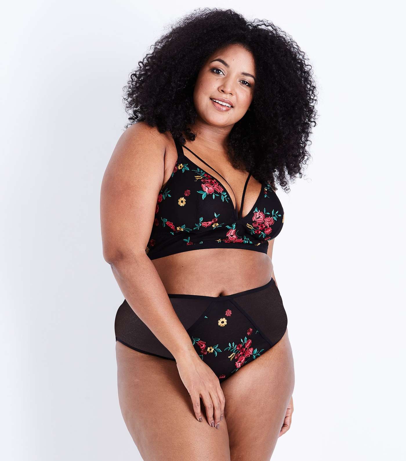 Curves Black Floral Embroidered Brazilian Briefs Image 2