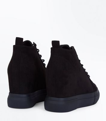 Black Suedette Lace Up Wedge Trainers 