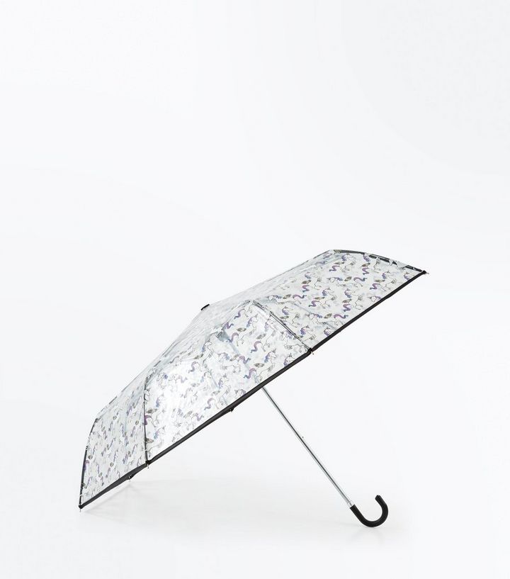 Black And Clear Unicorn Print Umbrella New Look