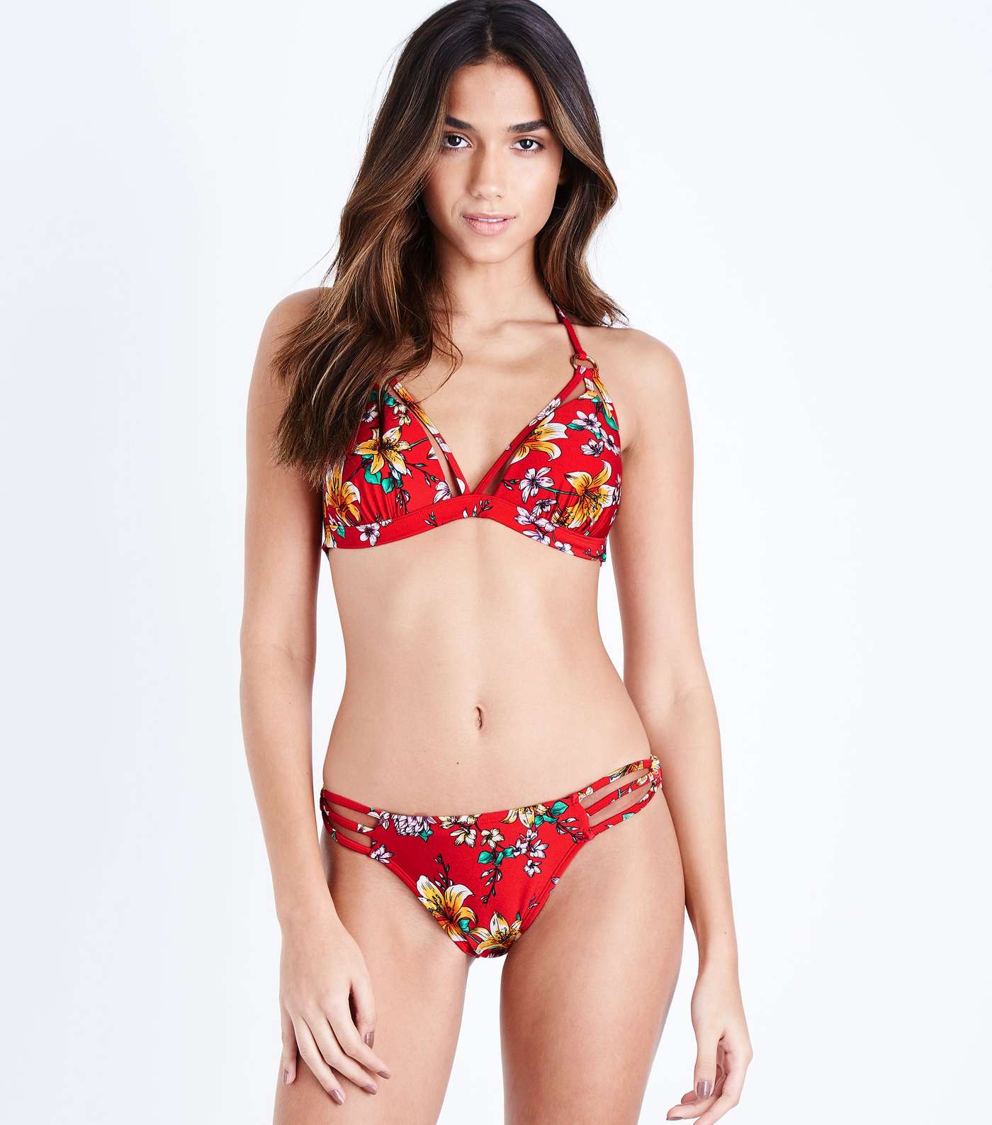 Red Floral Print Strappy Side Bikini Bottoms  Image 3