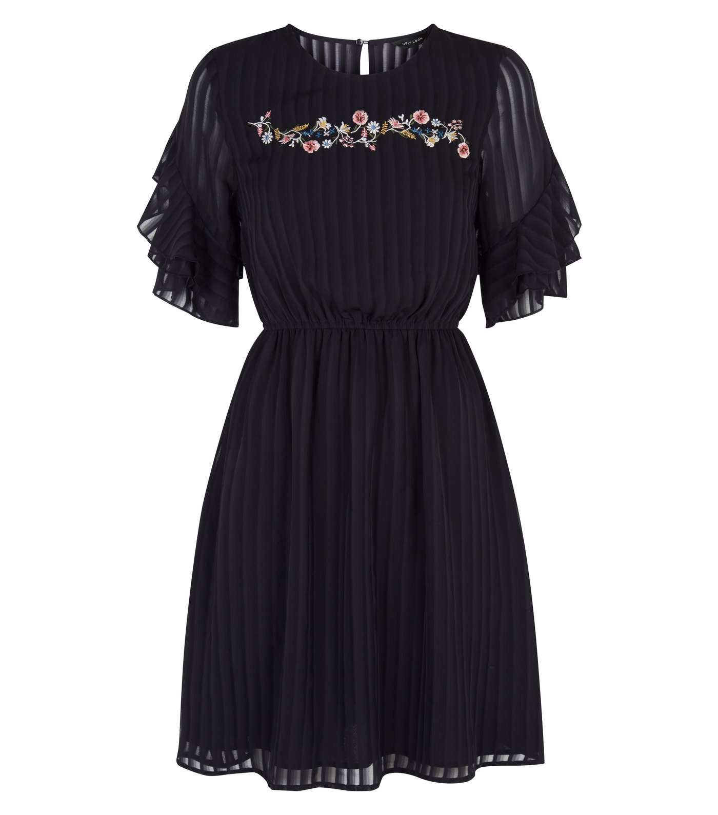 Black Embroidered Stripe Chiffon Frill Sleeve Dress Image 4