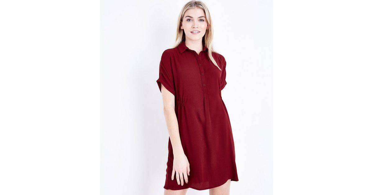 Burgundy Drawstring Side Shirt Dress New Look