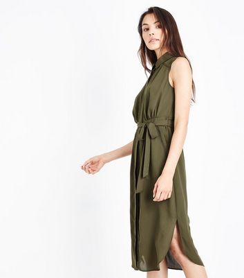 khaki sleeveless shirt dress