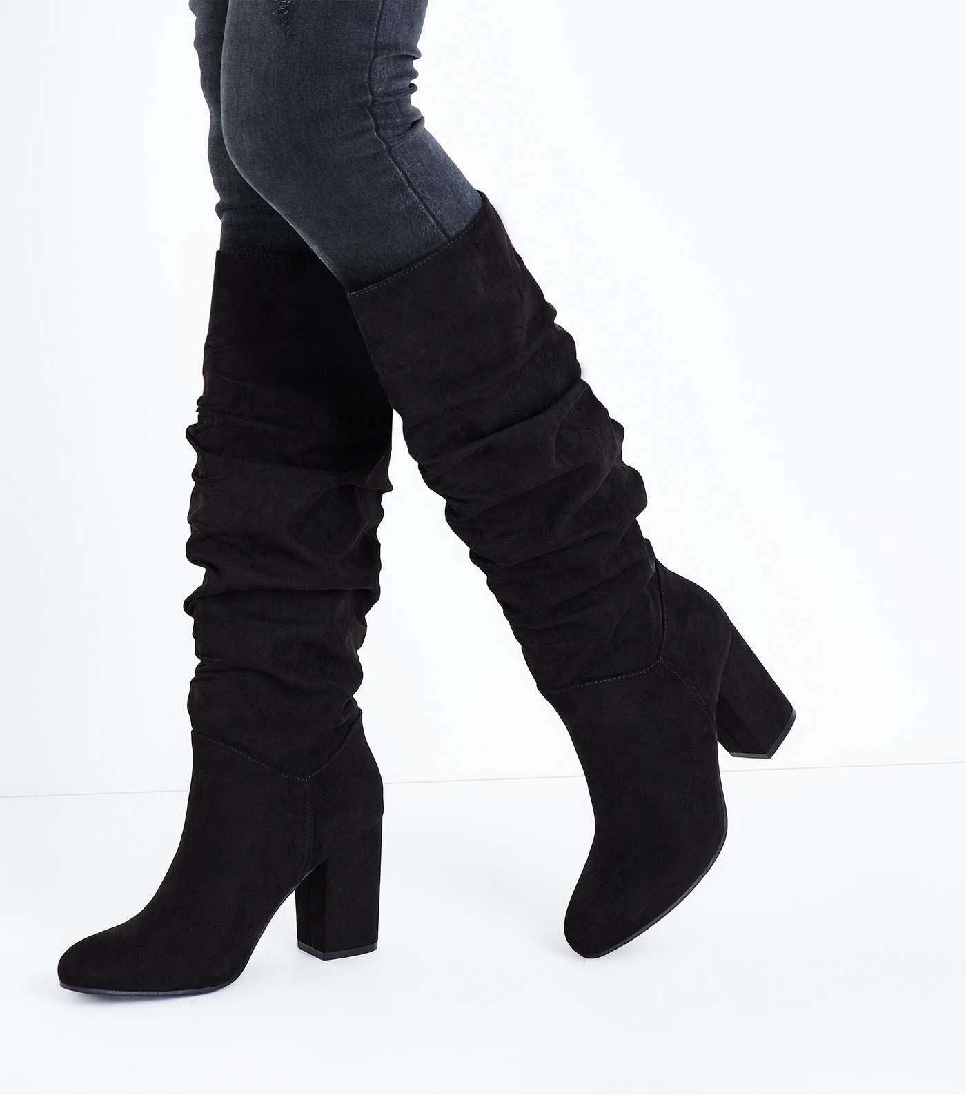 Black Suedette Heeled Slouch Knee High Boots Image 3